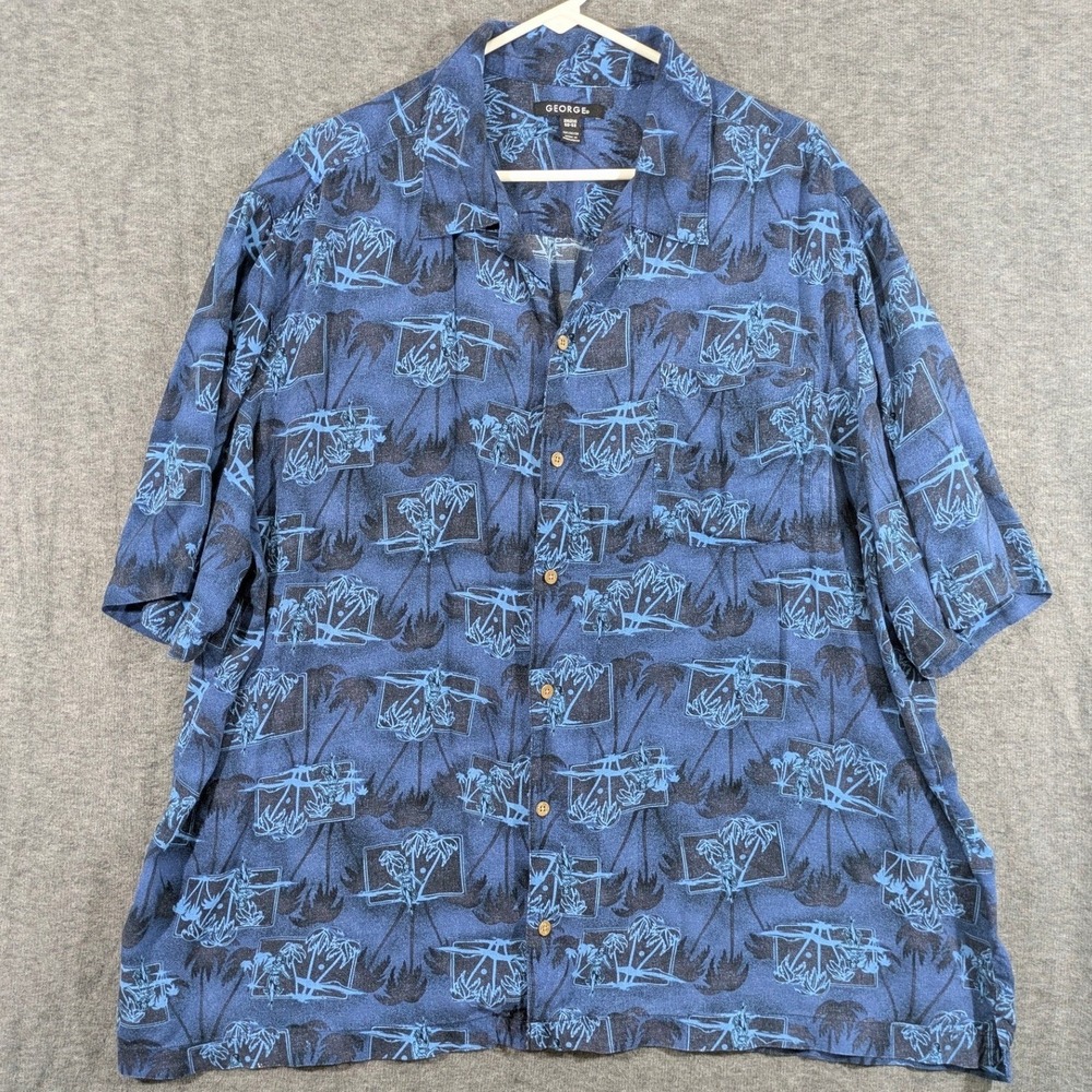 George Mens 2XL Short Sleeve Rayon‎ Hawaiian Shirt Dark Navy Hula Print GM20110B